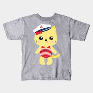 Sailor Cat, Sailor Hat, Boat Captain, Yellow Cat Kids T-Shirt